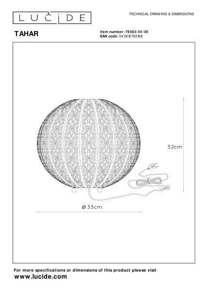 Lucide TAHAR - Lampe de table - Ø 33 cm - 1xE27 - Noir - TECHNISCH